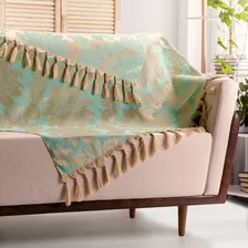 Xale Manta Sofá Jacquard Dourado Tiffany 2,20m X 1,40m Cor Tiffany E Dourado Desenho Medalhão