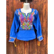 Fina Blusa Negra Pavo Real Elegante Bordada De Chiapas