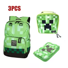 Mochila De Estudiante Minecraft Creeper+fiambrera Y Estuche