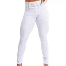 Calça Com Cinto Feminina Skinny Jacquard Moda Luxo Fivela