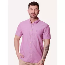 Camisa Ralph Lauren Manga Curta Linho Navy Icon Lilás Mescla