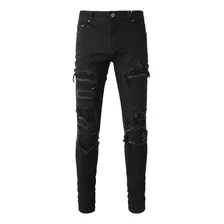 Jeans/pantalones Rasgados Plisados Patchwork Negro