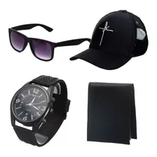 Relógio Masculino Silicone + Óculos + Carteira + Boné 