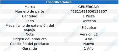 Espejo Toyota Camry 2007 2008 2009 2010 2011 Le Elec Der Tyo Foto 2