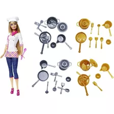 Kit Panelas Para Boneca Barbie Cozinha Miniatura + Comidas