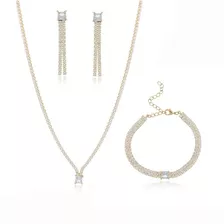 Conjunto Brinco Colar Pulseira Strass Festa Folheado Ouro18k