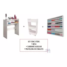 Kit Conjunto Mesa + Carrinho + Expositor Salão Cor Branco