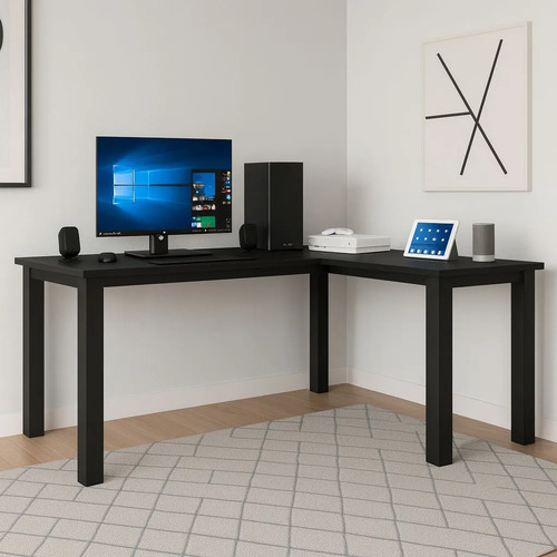 Mesa Em L Para Computador Estilo Industrial Preto Preto