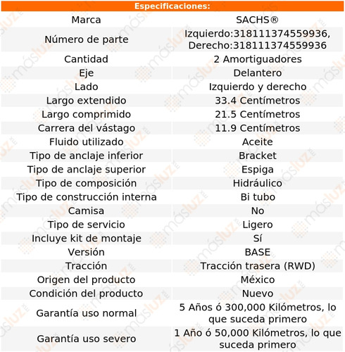 Kit 2 Amortiguadores Hid Del Monte Carlo V8 5.7l 81/84 Sachs Foto 2