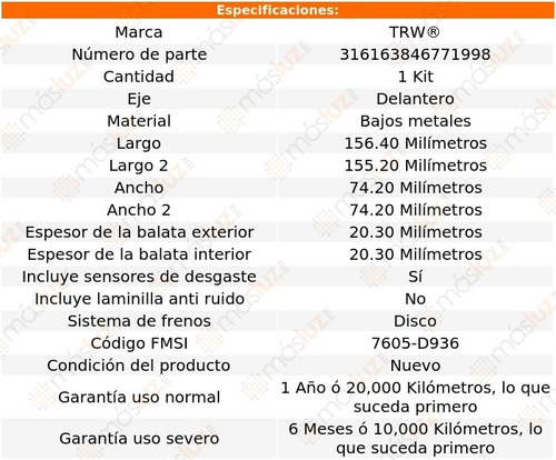 Balatas Bajos Metales Delanteras Saab 9-5 03/05 Trw Foto 2