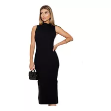 Vestido Midi Canelado Casual Básico Modelador Sem Manga