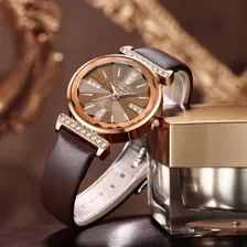 Relógio Feminino Executivo De Luxo Rosé Gold Couro 3 Cores 