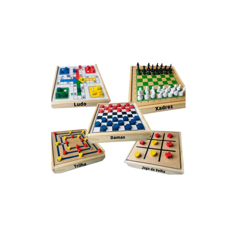 Jogo tabuleiro Toy Trade 5 em 1 dama xadrez ludo jogo da velha trilha