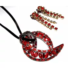 Conjunto/plateado/colgante Y Caravanas Clips,rojo/strass/