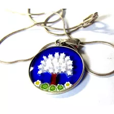 Dije Árbol De La Vida/murano Azul Transparente/cadena Plata 