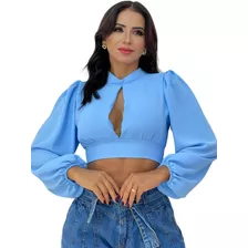 Cropped Blusa Feminina Com Decote Atras Amarrar Manga Longa