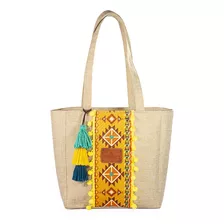 Bolso Tote Artesanal De Yute Natural Con Detalles Sublimados Color Beige Diseño De La Tela Uxmal Yute