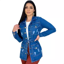 Parka Max Jaqueta Longa Jeans Destroyed Feminina 4 Bolsos