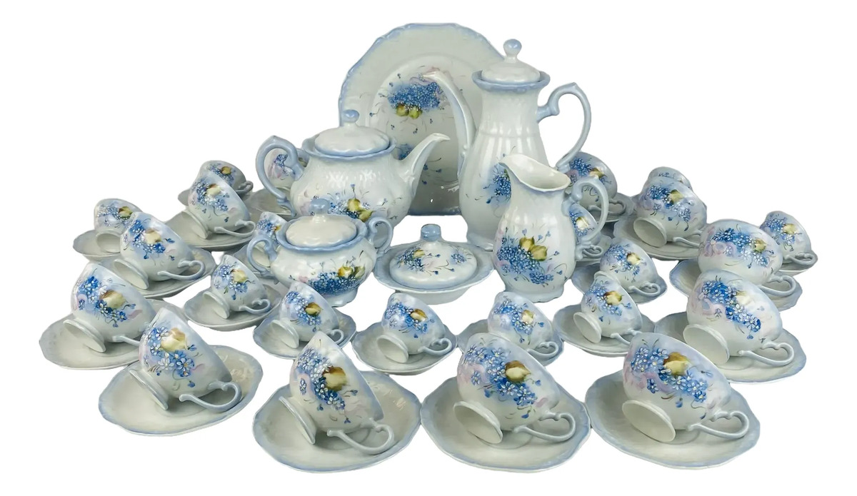 Jogo Bule E Xícaras De Chá Porcelana Pintada À Mão 54 Peças Azul Celeste