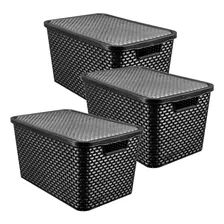 Conjunto De 3 Caixas Organizadoras Simil Rattan De 7 Litros Com Tampa Arq, Cor Preta