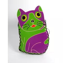 Gato Monedero Llavero Tipo Artesanal Vinipiel Verde Morado