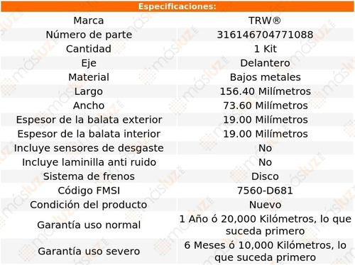 Balatas Bajos Metales Delanteras Bmw 540i 97/03 Trw Foto 2