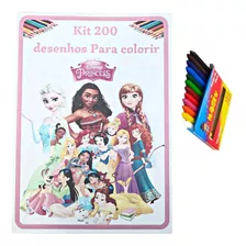 Kit 200 Desenhos Para Colorir Princesas + 12 Giz De Cera 