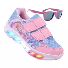 Tênis Feminino Infantil Com Luzinha De Led Sereia + Brinde