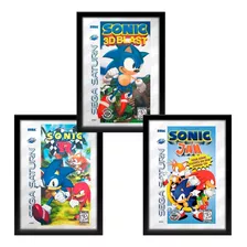 Kit 3 Quadros Sonic Jam, Sonic R E Sonic 3d Blast 33 X 45 Cm