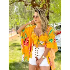 Kimono E Cropped De Amarrar Amarelo Floral Tam Unico