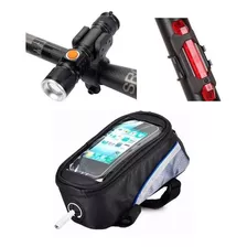 Kit Bike Lanterna Led Usb Bolsa Celular Sinalizador Traseiro