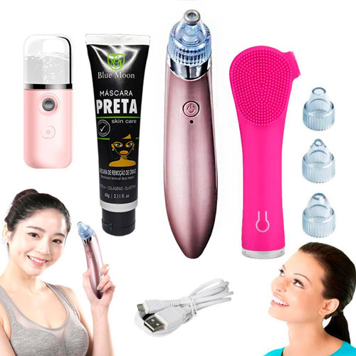 Kit Limpeza Pele Peeling Vaporizador Facial Esponja + Escova