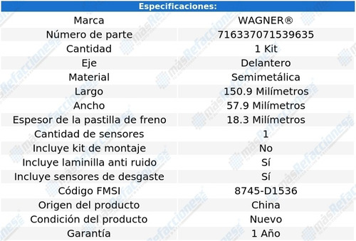 Balatas Semimetalicas Delanteras Fiat Bravo 2009 Wagner Foto 2