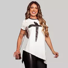 Camiseta Long Feminina Composê Cruz - Off-white/preta
