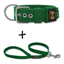 Coleira Cachorro Grande Pit Bull + Guia 80cm (amarelo) Fit Cor Verde Tamanho Da Coleira M