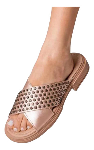 Sandalias Bajas Zueco De Mujer Chatitas Cobre Dorado Tachas