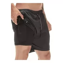 Short Gimnasio Licra Bolsillo Poliester Hombre Negro Y Rojo