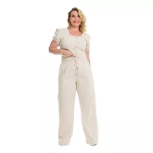 Conjunto Kit Cropped + Calça Pantalona Linho Plus Size
