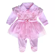 Macacão Bebê Menina Com Vestido Sobreposto Tule Rosa Bebê 