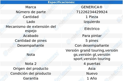 Espejo Izq Elect P/pintar C/desemp 5 Pines Mazda 5 06-10 Foto 2