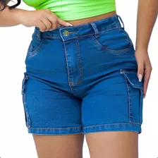 Bermuda Jeans Feminina Cargo Short Liso Plus Size Cós Alto