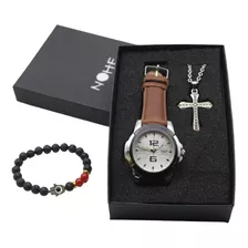 Reloj Hombre, Cadena Y Cruz Set De Regalo Estuche