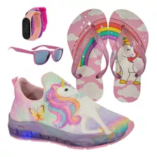 Tênis Led Infantil Feminino Novo+ Chinelo + Óculos + Relógio