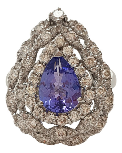 Anel Gota De Ouro 18k 750 Tanzanita 1,32ct E Diamantes 1,2ct Branco 15
