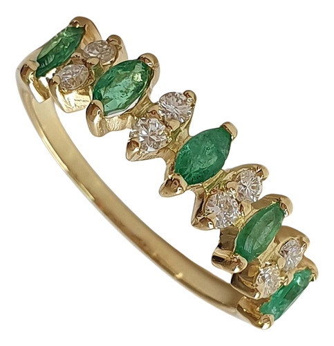 Anel Meia Aliança De Ouro 18k 750 De Diamantes E Esmeraldas Amarelo 17