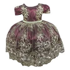 Vestido Infantil Marsala Renda Dourada Realeza Luxo 