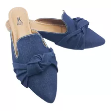 Sapatilha Mule Feminino Bico Fino Jeans Azul Rasteirinha