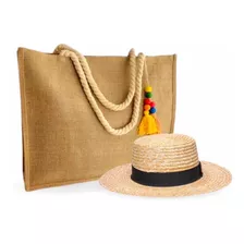 Kit Chapéu Paris E Bolsa Palha Juta Zíper Praia Verão Moda