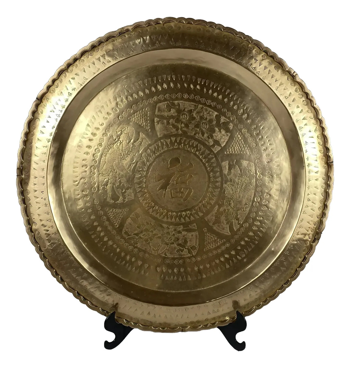 Bandeja Mandala Em Latão Gravado 51,5cm Vintage Marrom-escuro