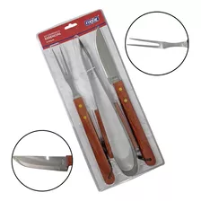 Kit Churrasco Essencial 3 Peças Aço Inox E Cabo De Madeira